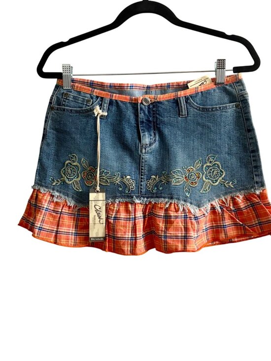 Clash Dresses & Skirts - Clash Y2K Blue Denim & Orange Plaid Festival Floral Embroidered Preppy Skirt M